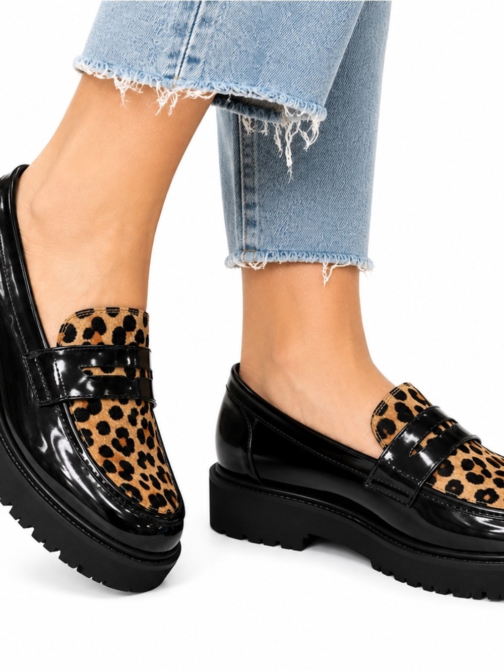 NIB MIA Black Leather Loafers with Leopard Print Panel